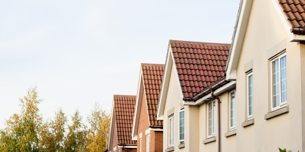 Row of semi-detached and detached houses surrounded by trees