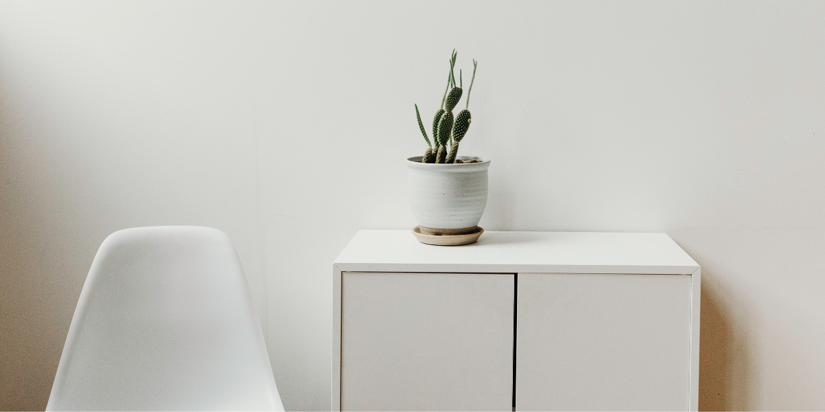 White chair next to a table with a plant pot on top